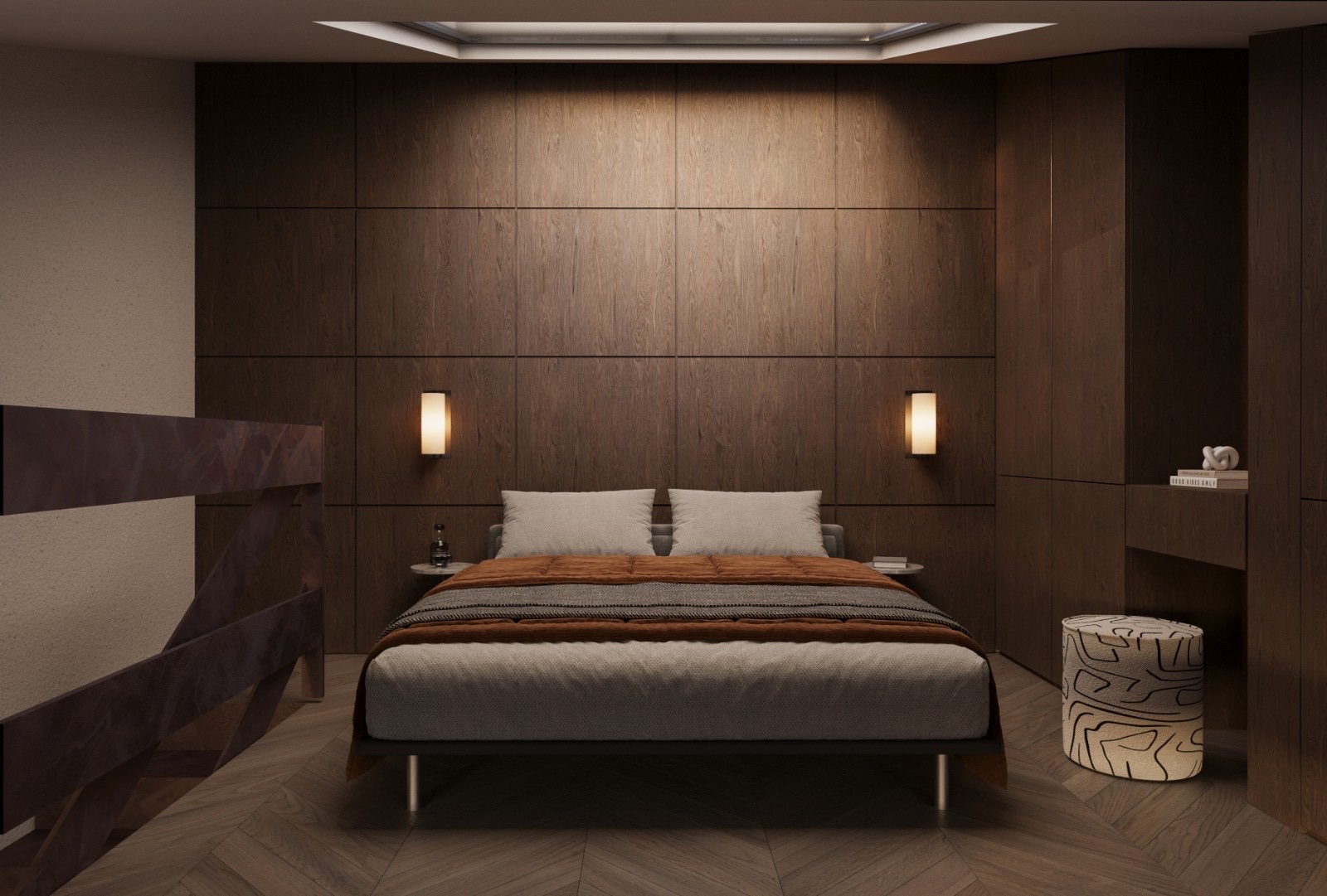 Bedroom with oak panelled headboard wall and two wall lamps
