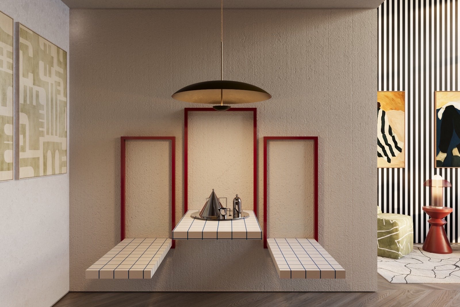 Fold-down tiled tables in red steel frames under a brass pendant