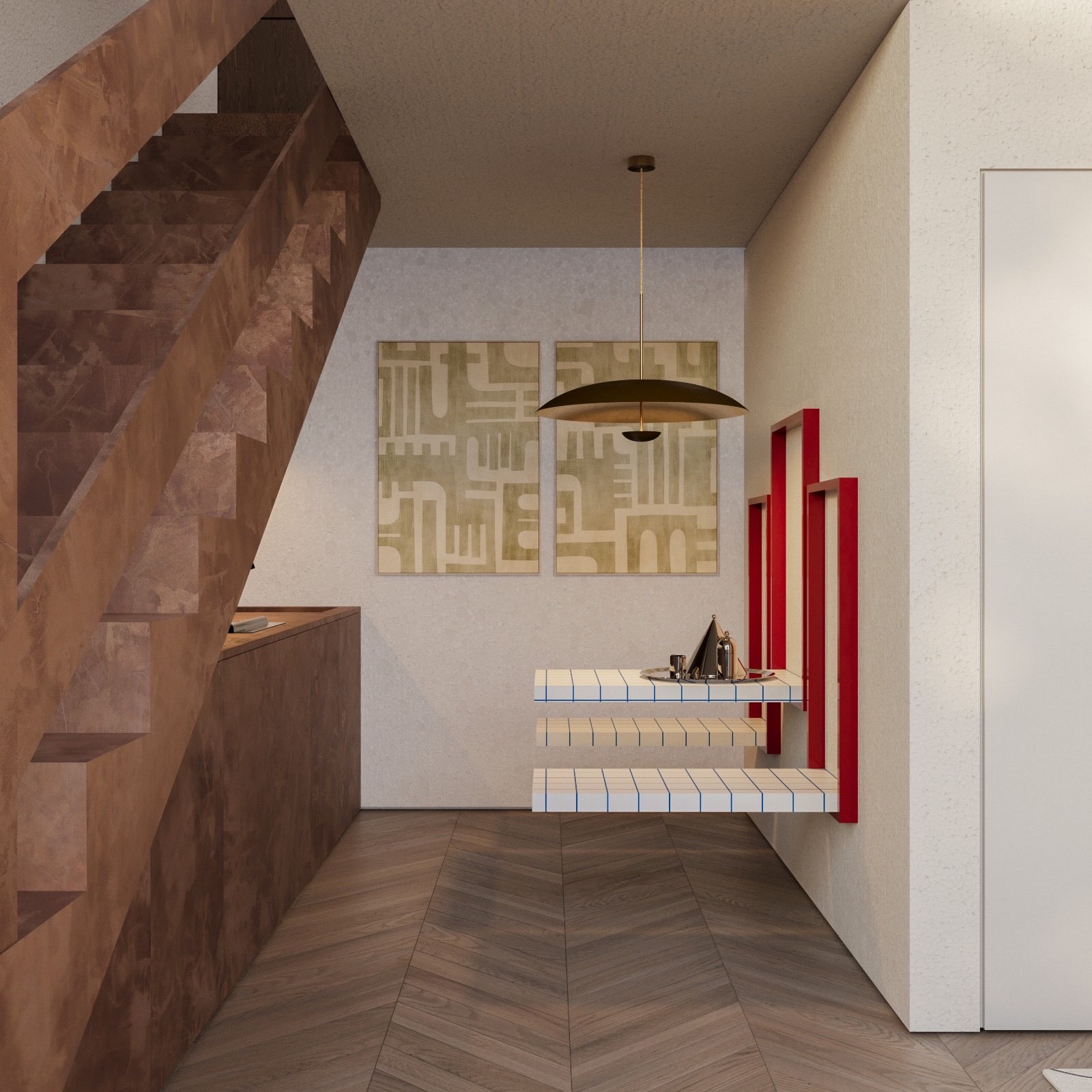 Hallway with tiled wall shelves and abstract artwork