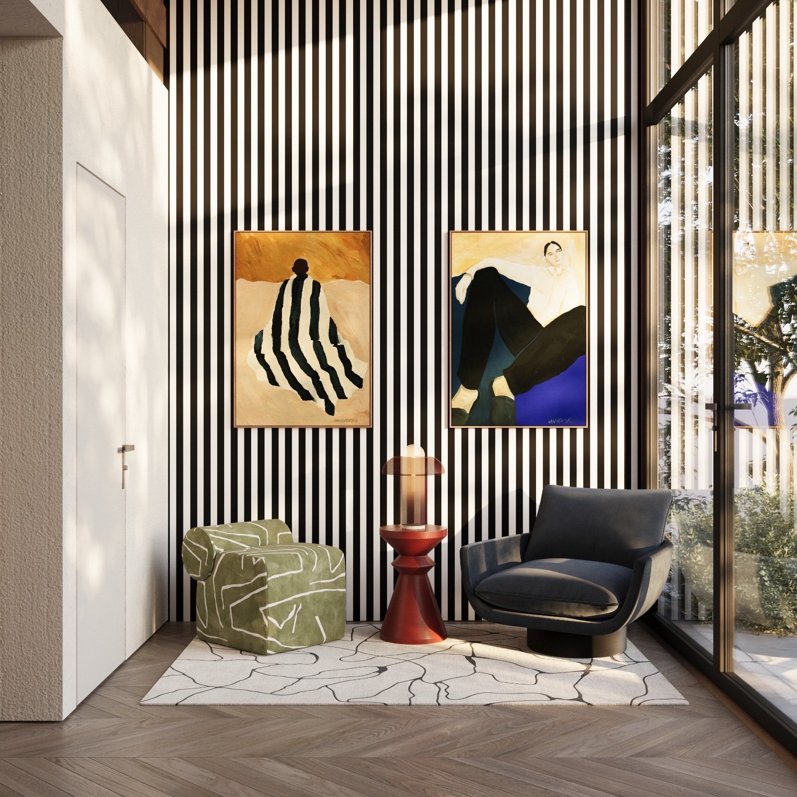 Reading corner with black and white striped wall and two armchairs