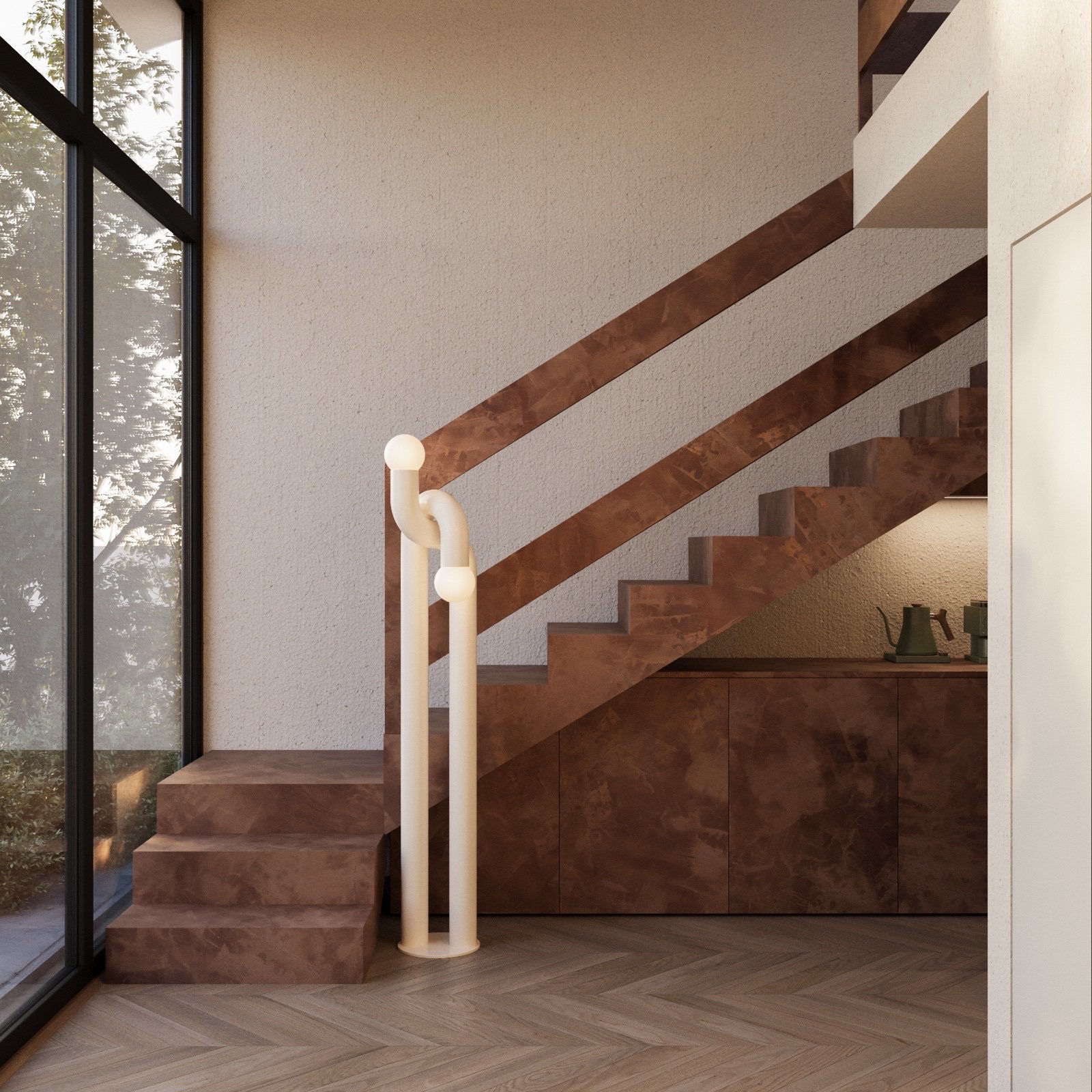 Tiny House — copper plaster staircase with sculptural floor lamp